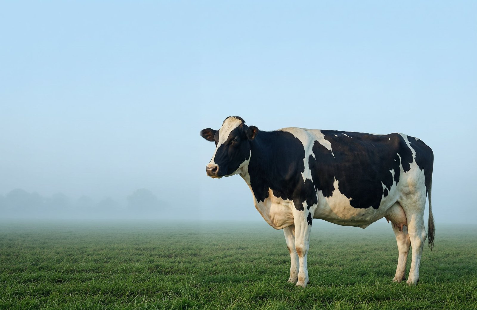 A healthy Holstein dairy cow standing in a green meadow in the morning mist