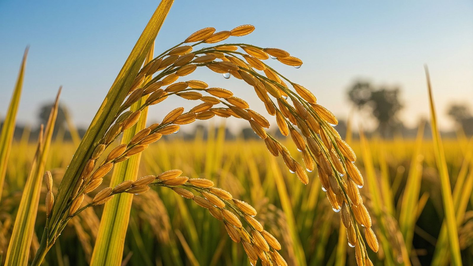 Rice panicles with morning dew